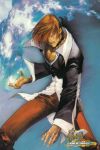  1boy andy_seto choker dress_shirt fire hair_over_one_eye highres jewelry king_of_fighters male official_art redhead ring shirt snk solo yagami_iori 