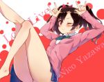  1girl ;) black_hair blush bow character_name copyright_name hair_bow highres legs looking_at_viewer love_live!_school_idol_project merumayu one_eye_closed red_eyes short_hair smile solo thighs twintails yazawa_nico 