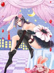  1girl black_hair bow dress flower hair_bow hair_over_one_eye highres kirishima_touka long_hair looking_at_viewer rabbit rabbit_head ribbon smile solo tokyo_ghoul 