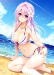  1girl beach bikini blush breasts clouds cu-no front-tie_bikini front-tie_top hair_ornament kikyou-0423 light_smile long_hair nail_polish navel ocean purple_bikini purple_hair purple_nails shell side-tie_bikini sitting sky smile solo swimsuit toenail_polish violet_eyes water yayoi_sakura yokozuwari 