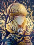  1girl blonde_hair branch bust hoodie lace lights lips long_hair looking_at_viewer matsunaka_hiro orange_eyes original parted_lips signature solo text 