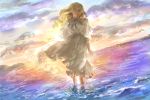  1girl arm_grab arms_behind_back blonde_hair clouds dress dutch_angle evening hair_over_one_eye highres long_hair looking_at_viewer marnie mukuinu ocean omoide_no_marnie puffy_short_sleeves puffy_sleeves ribbon short_sleeves sky solo standing sunlight sunset water white_dress wind 