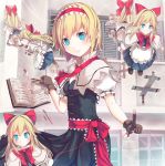  1girl alice_margatroid apron blonde_hair blue_dress blue_eyes book bow brown_gloves capelet culter dress fingerless_gloves gloves grimoire hair_bow hairband long_sleeves puffy_short_sleeves puffy_sleeves puppet_strings sash shanghai_doll short_sleeves smile touhou waist_apron window 