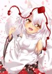  1girl amazu_yoriiti animal_ears bare_shoulders blush breasts detached_sleeves fang happy hat inubashiri_momiji looking_at_viewer open_mouth pom_pom_(clothes) short_hair silver_hair simple_background solo tail tokin_hat touhou white_background wolf_ears wolf_tail yellow_eyes 