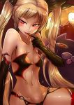  1girl :p black_gloves blazblue blonde_hair bow elbow_gloves finger_to_mouth gii gloves hair_bow highres ichigai_(hayawossan) long_hair looking_at_viewer nago naughty_face navel rachel_alucard red_eyes small_breasts smile tongue tongue_out twintails very_long_hair 