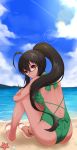  1girl ahoge anklet ass back beach brown_hair glasses highres hoshi_usagi jewelry long_hair looking_back ocean original ponytail red_eyes sandals sitting sky smile solo swimsuit water 