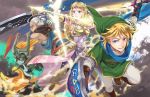  armor blonde_hair blue_eyes bow_(weapon) earrings gloves grin helmet impa jewelry link long_hair lowah midna pointy_ears princess_zelda red_eyes scarf shield smile sword the_legend_of_zelda tiara twilight_princess weapon white_hair zelda_musou 