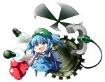  1girl backpack bag blue_eyes blue_hair chibi hair_bobbles hair_ornament hat highres kawashiro_nitori machinery missile open_mouth propeller shigatsu_shizuki solo touhou twintails wrench 