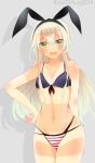  1girl absurdres artist_name bikini blonde_hair blush dated flat_chest green_eyes grey_background hairband hand_on_hip highres kantai_collection long_hair looking_at_viewer navel open_mouth shadow shimakaze_(kantai_collection) solo striped striped_bikini striped_swimsuit swimsuit tan tanline tbd11 