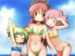  3girls bikini chitose_yuma green_hair kaname_madoka long_hair mahou_shoujo_madoka_magica mahou_shoujo_oriko_magica mizushima_(p201112) multiple_girls pink_eyes pink_hair ponytail raised_hand red_eyes redhead sakura_kyouko short_hair swimsuit twintails v_over_eye waving 