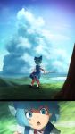  1girl amino_(tn7135) blue_eyes blue_hair bow chestnut_mouth cirno clouds face from_behind hair_bow highres ice ice_wings lake scenery shaded_face short_hair sky solo standing stick touhou tree wings 