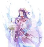  1girl book capelet character_name closed_eyes crescent dress grimoire hair_ribbon hat long_hair long_sleeves patchouli_knowledge purple_dress purple_hair ribbon shihou_(g-o-s) solo striped striped_dress touhou tress_ribbon very_long_hair 