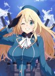  1girl atago_(kantai_collection) blonde_hair blue_eyes breasts gloves grin hat highres kantai_collection large_breasts long_hair looking_at_viewer machinery omaru_gyuunyuu one_eye_closed salute smile solo turret 