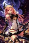  1girl armor black_wings blonde_hair breasts character_request horns light_particles long_hair pleated_skirt red_eyes shingeki_no_bahamut skirt solo sword tachikawa_mushimaro weapon wings 