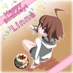  1girl ahoge brown_hair cake cream_on_face eating ecole food fork french-bread happy_birthday highres hoodie indian_style linne looking_up official_art short_hair shorts sitting solo under_night_in-birth violet_eyes 