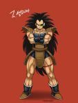  armor black_hair crossed_arms dragon_ball dragon_ball_z full_body long_hair muscle nestkeeper raditz red_background scouter solo spiky_hair standing 