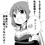  &gt;:d 2girls :d cape comic crossed_arms gloves kaname_madoka magical_girl mahou_shoujo_madoka_magica miki_sayaka monochrome multiple_girls ogadenmon open_mouth short_twintails smile translated twintails 