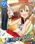  artist_request blue_eyes brown_hair character_name happy headphones idolmaster idolmaster_cinderella_girls open_mouth short_hair skirt stars tada_riina watch 