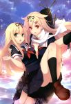  2girls absurdres black_legwear blonde_hair carrying dual_persona green_eyes hair_ornament hair_ribbon hairclip highres kantai_collection legs multiple_girls official_art princess_carry red_eyes ribbon scarf school_uniform serafuku skirt socks yuudachi_(kantai_collection) 