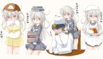  1boy 1girl admiral_(kantai_collection) balancing_on_head black_hair book book_on_head bread chair cup curry curry_rice food hat highres jack_(slaintheva) kantai_collection kikuzuki_(kantai_collection) long_hair neckerchief object_on_head orange_eyes pajamas pillow pillow_hug school_uniform serafuku shoulder_massage skirt spoon translation_request white_hair yes-no_pillow 