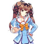  1girl brown_hair hand_on_hip magical_canan pointing ribbon school_uniform simple_background smile solo terios twintails violet_eyes yokota_mamoru 