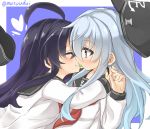  2girls ^_^ ahoge akatsuki_(kantai_collection) black_hair blush closed_eyes eye_contact grey_eyes hat hat_removed headwear_removed heart hibiki_(kantai_collection) kantai_collection long_hair looking_at_another multiple_girls musouzuki neckerchief school_uniform serafuku shared_food silver_hair smile yuri 