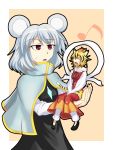  2girls animal_ears ashiroku_(miracle_hinacle) blonde_hair capelet closed_eyes dress giantess grey_hair hair_ornament highres jewelry long_sleeves minigirl mouse_ears multiple_girls nazrin open_mouth red_eyes short_hair sitting_on_hand smile tail toramaru_shou touhou 