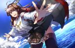  1girl ahoge ashiwara_yuu black_legwear brown_hair clouds detached_sleeves dutch_angle foreshortening headgear kantai_collection kongou_(kantai_collection) long_hair machinery nontraditional_miko ocean open_mouth outstretched_arms skirt sky solo spread_arms thigh-highs violet_eyes water 