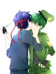  2boys black_gloves blue_hair cheek_kiss flippy green_hair hat headband kiss knife male military_hat military_uniform multiple_boys short_hair simple_background splendid uniikura weapon white_background yaoi yellow_eyes 