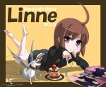  1girl ahoge artist_request ass barefoot brown_hair cake chin_rest collar creature familiar food fork french-bread fruit highres huge_ahoge linne lying magazine on_stomach reading short_hair shorts signature smile soles strawberry toes under_night_in-birth violet_eyes 