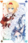  2girls ascot blonde_hair blue_eyes breasts card cleavage flower hair_ornament hairband holding knife looking_at_viewer multiple_girls nyori original playing_card polearm short_hair silver_hair smile spear tagme upside-down weapon 