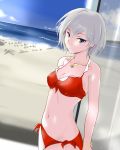  1girl anastasia_(idolmaster) beach bikini blue_eyes bracelet collarbone earrings front-tie_bikini front-tie_top idolmaster idolmaster_cinderella_girls jewelry looking_at_viewer murasaki_iro navel necklace ocean red_bikini short_hair side-tie_bikini silver_hair solo swimsuit 