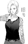  1girl android android_18 belt character_name collarbone denim denim_skirt dragon_ball dragon_ball_z earrings eyelashes hand_on_neck hand_on_own_neck highres jewelry lips monochrome parted_lips shikihara_mitabi short_hair simple_background skirt solo striped text white_background 