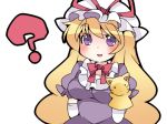  1girl ? blonde_hair blush choker dress hammer_(sunset_beach) hand_puppet hat looking_at_viewer open_mouth puppet purple_dress ribbon_choker smile solo touhou violet_eyes yakumo_yukari 