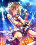  &gt;_&lt; audience brown_hair fingerless_gloves gloves glowstick grin headphones idolmaster idolmaster_cinderella_girls microphone official_art smile stage stage_lights tada_riina 