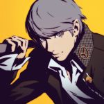  1boy face grey_eyes grey_hair houndstooth ilya_kuvshinov male narukami_yuu persona persona_4 short_hair simple_background solo unmoving_pattern yellow_background 