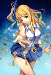  1girl artist_request bare_shoulders blonde_hair blue_eyes fairy_tail hair_ribbon key long_hair lucy_heartfilia one_side_up ribbon skirt smile solo source_request 