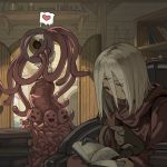  1girl androgynous black_cat black_cat_(elona) black_skin book bookshelf cat chair dark_skin elona exile_(elona) great_race_of_yith heart house jar red_eyes robe rueken shelf silver_hair sitting sleeping speech_bubble tentacles third_eye 