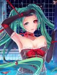  1girl arm_up armpits blood elbow_gloves fish gloves green_eyes green_hair hair_ribbon hatsune_miku heterochromia highres l.bou long_hair parted_lips partially_submerged red_eyes ribbon solo tears twintails very_long_hair vocaloid water wet 