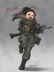  1girl ammo_box black_gloves breath brown_eyes brown_hair combat_boots commentary gloves helmet load_bearing_vest long_hair m60 military nestkeeper original running solo south_korean_flag 