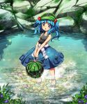  1girl alternate_costume bare_legs bare_shoulders blue_eyes blue_hair blush cabbie_hat clothes_around_waist collarbone flower food fruit glitter hair_bobbles hair_ornament hat highres jacket jacket_around_waist kawashiro_nitori looking_at_viewer moss navel open_mouth partially_submerged pebble plant rock shirt shirt_around_waist short_hair short_twintails skirt sleeveless small_breasts smile solo standing tank_top touhou twintails umigarasu_(kitsune1963) v_arms wading water watermelon white_shirt 