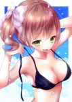  1girl :d artist_request bikini black_bikini breasts brown_hair bust cleavage fang green_eyes highres open_mouth original side_ponytail smile swimsuit untied untied_bikini 