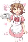  1girl alternate_costume apron brown_eyes brown_hair coffee coffee_cup fang gggrande heart ikazuchi_(kantai_collection) kantai_collection looking_at_viewer maid maid_apron maid_headdress open_mouth short_hair solo spoon 