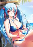  1girl beach bikini blue_bikini blue_hair bracelet breasts cleavage collarbone drink drinking_straw gyullmat hair_ribbon halterneck hammock highres jewelry large_breasts long_hair luthica_preventer mound_of_venus navel necklace ocean red_eyes ribbon shiny shiny_clothes smile solo sweat swimsuit sword_girls twintails 