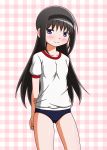  1girl akemi_homura black_hair blush buruma cadsensei checkered checkered_background gym_uniform hairband highres long_hair looking_at_viewer mahou_shoujo_madoka_magica smile solo violet_eyes 