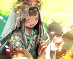  1girl alcohol black_hair blush bottle closed_eyes coat facial_mark forehead_mark haneten_kagatsu haori headdress japanese_clothes jewelry kushinada_(p&amp;d) long_hair long_sleeves magatama necklace open_mouth out_of_frame outdoors petals pouring puzzle_&amp;_dragons sake sake_bottle smile wheat 