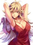 1girl armpits arms_behind_head arms_up blonde_hair blue_eyes breasts bust cleavage collarbone dress holding holding_shoes long_hair panty_&amp;_stocking_with_garterbelt panty_(psg) red_dress ruukii_drift solo white_background 