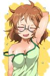  1girl ahoge araki_hina blush brown_hair closed_eyes embarrassed glasses gorohati idolmaster idolmaster_cinderella_girls strap_slip sweatdrop tank_top 