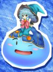  1girl :o ;d blob blue blue_background blue_dress blue_hair bow brooch dress green_eyes hat jewelry kit_(kit1553) mana_khemia_2 one_eye_closed open_mouth oversized_clothes puni puniyo short_hair sleeves_past_wrists smile 