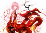  1girl bare_shoulders black_legwear breasts butterfly_on_hand center_opening cleavage detached_sleeves elbow_gloves fingerless_gloves gloves guilty_crown hair_ornament hairclip long_hair navel pink_hair red_eyes solo thigh-highs twintails yuzuriha_inori 